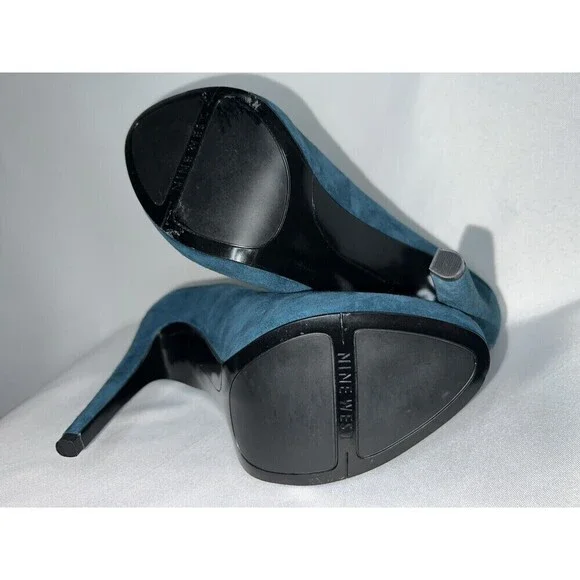 Nine West Peep Toe Dark Turquoise High Heels Womens Sz 10 Leather Upper - Picture 8 of 9